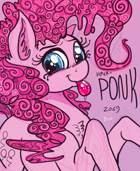 Size: 5067x6169 | Tagged: safe, artist:paskanaakka, derpibooru original, character:pinkie pie, species:earth pony, species:pony, g4, blep, drool, ear fluff, explicit source, female, looking at you, mare, simple background, solo, tongue out
