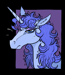 Size: 4539x5270 | Tagged: safe, artist:paskanaakka, derpibooru original, oc, oc only, oc:midnight dew, species:pony, species:unicorn, g4, bust, ear fluff, explicit source, female, hoers, horn, lidded eyes, looking at you, mare, portrait, simple background, solo