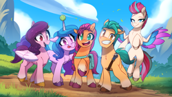 Size: 2500x1406 | Tagged: safe, artist:light262, character:hitch trailblazer, character:izzy moonbow, character:pipp petals, character:sunny starscout, character:zipp storm, species:earth pony, species:pegasus, species:pony, species:unicorn, g5, alternate eye color, ball, blaze (coat marking), chest fluff, childproof horn, coat markings, colored eyebrows, colored hooves, colored wings, eyebrows, eyebrows visible through hair, female, flying, gradient hair, hooves, horn, hornball, hug, izzy's tennis ball, leg fluff, looking at you, male, mane g5, mare, multicolored hair, multicolored wings, no pupils, open mouth, open smile, outdoors, pipp wings, raised hoof, smiling, socks (coat marking), spread wings, stallion, sunny's buttons, tennis ball, three quarter view, tongue out, toy, unshorn fetlocks, wings, wrong eye color