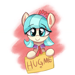 Size: 1219x1219 | Tagged: safe, artist:kqaii, character:coco pommel, species:earth pony, species:pony, g4, abstract background, bow, bronybait, cocobetes, cute, eyebrows, eyebrows visible through hair, female, hug request, looking at you, mane bow, mare, sign, smiling, solo, text