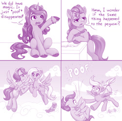Size: 1400x1389 | Tagged: safe, artist:dstears, character:izzy moonbow, character:sunny starscout, species:earth pony, species:pegasus, species:pony, species:unicorn, g5, my little pony: a new generation, 4 panel comic, bracelet, colored hooves, comic, dialogue, falling, female, flying, gradient hair, hooves, jewelry, mare, monochrome, multicolored hair, open mouth, raised hoof, scene interpretation, sitting, speech bubble, text, the implications are horrible, this will end in death, this will end in tears, this will end in tears and/or death, unshorn fetlocks