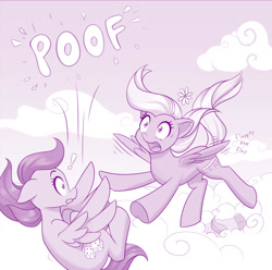 Size: 1000x992 | Tagged: safe, artist:dstears, part of a set, oc, oc only, unnamed oc, species:pegasus, species:pony, g5, my little pony: a new generation, cloud, descriptive noise, falling, female, flying, mare, monochrome, onomatopoeia, open mouth, pegasus oc, poof, profile, sky, the implications are horrible, this will end in death, this will end in pain, this will end in tears, this will end in tears and/or death, three quarter view
