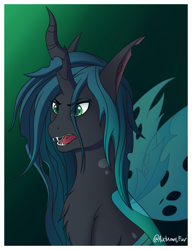 Size: 2282x2964 | Tagged: safe, artist:autumnsfur, artist:autumnsfurart, character:queen chrysalis, species:changeling, g4, angry, annoyed, changeling queen, chest fluff, digital art, evil laugh, fangs, female, gradient background, laughing, mare, open mouth, sharp teeth, signature, simple background, solo, spread wings, wings