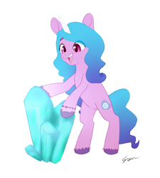 Size: 900x1000 | Tagged: safe, artist:sion, character:izzy moonbow, species:pony, species:unicorn, ponytober, g5, my little pony: a new generation, bipedal, colored hooves, crystal, cute, eye clipping through hair, female, gradient hair, hooves, izzybetes, mare, multicolored hair, open mouth, open smile, signature, simple background, smiling, solo, starry eyes, unshorn fetlocks, white background, wingding eyes