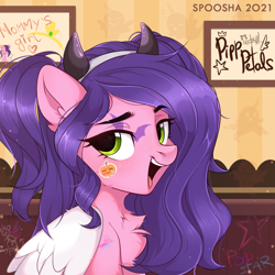 Size: 1700x1700 | Tagged: safe, artist:spoosha, character:pipp petals, species:pegasus, species:pony, g5, my little pony: a new generation, adorapipp, chest fluff, clothing, costume, cute, eyebrows, eyebrows visible through hair, female, halloween, halloween costume, holiday, looking at you, mare, open mouth, pipp wings, signature, solo, text, wings