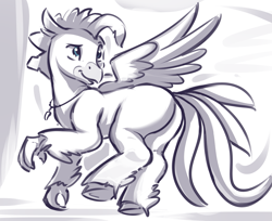 Size: 1905x1555 | Tagged: safe, artist:kamdrawings, character:terramar, species:hippogriff, species:pony, g4, flying, limited palette, looking back, male, monochrome, solo, stallion, tail, unshorn fetlocks, wings