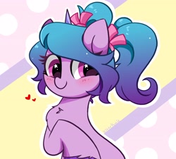 Size: 4096x3701 | Tagged: safe, artist:kittyrosie, character:izzy moonbow, species:pony, species:unicorn, g5, abstract background, alternate hairstyle, blushing, bow, chest fluff, colored hooves, cute, female, fluffy, gradient hair, hair bow, happy, heart, high res, hooves, izzybetes, looking at you, mare, multicolored hair, pigtails, raised hoof, signature, smiling, solo, starry eyes, three quarter view, twintails, unshorn fetlocks