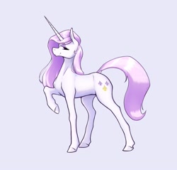 Size: 2998x2862 | Tagged: safe, artist:aquaticvibes, character:fleur-de-lis, species:pony, species:unicorn, g4, cutie mark, eyeshadow, female, full body, gray background, hooves, horn, looking at you, looking sideways, looking sideways at you, makeup, mare, one hoof raised, raised hoof, simple background, smiling, solo