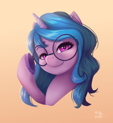 Size: 918x1000 | Tagged: safe, artist:the-park, character:izzy moonbow, species:pony, species:unicorn, g5, colored eyebrows, colored hooves, colored pupils, cute, eyebrows, female, glasses, gradient background, gradient hair, hoof heart, hooves, horn, izzybetes, mare, multicolored hair, signature, simple background, smiling, solo, unshorn fetlocks
