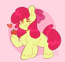 Size: 1324x1269 | Tagged: safe, artist:nullkunst, character:apple bloom, species:earth pony, species:pony, g4, abstract background, adorabloom, apple, apple family member, cute, eye clipping through hair, female, filly, food, heart, one eye closed, signature, simple background, solo, unshorn fetlocks, wink, young