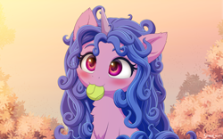 Size: 4800x3000 | Tagged: safe, artist:symbianl, character:izzy moonbow, species:pony, species:unicorn, g5, my little pony: a new generation, ball, blushing, cheek fluff, chest fluff, colored eyebrows, cute, ear fluff, eating, female, fluffy, gradient hair, holding, izzy's tennis ball, izzybetes, mare, messy mane, mouth hold, multicolored hair, nom, signature, solo, tennis ball, toy, weapons-grade cute