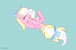 Size: 7398x4916 | Tagged: safe, artist:s-class-destroyer, oc, oc:bay breeze, species:pegasus, species:pony, g4, blue background, bow, digital art, eyes closed, happy, laughing, laying on ground, legs in air, on the floor, open mouth, raised hoof, simple background, solo, vector