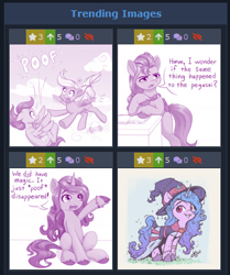 Size: 336x402 | Tagged: safe, artist:assasinmonkey, artist:dstears, editor:kaifloof, part of a set, character:izzy moonbow, character:sunny starscout, species:earth pony, species:pony, species:unicorn, manebooru, g5, my little pony: a new generation, bipedal, bipedal leaning, book, bracelet, clothing, colored hooves, costume, cute, dialogue, exploitable meme, female, gradient hair, halloween, halloween costume, hat, holiday, hooves, izzybetes, jewelry, juxtaposition, juxtaposition win, leaning, mare, meme, monochrome, multicolored hair, open mouth, raised hoof, scene interpretation, signature, simple background, sitting, smiling, solo, speech bubble, text, thinking, trending images, unshorn fetlocks, witch, witch costume, witch hat