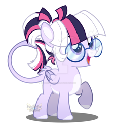 Size: 1024x1127 | Tagged: safe, artist:eyesorefortheblind, oc, oc:mystic mysteries, species:alicorn, species:pony, g4, alicorn oc, deviantart watermark, filly, glasses, obtrusive watermark, simple background, solo, watermark, young