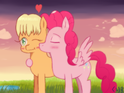 Size: 2048x1536 | Tagged: safe, artist:kurisunimii, character:applejack, character:pinkie pie, species:pegasus, species:pony, ship:applepie, g4, alternate universe, blushing, cute, eyes closed, female, heart, kissing, lesbian, nature, pegasus pinkie pie, profile, race swap, shipping, signature, sky, spread wings, three quarter view, wings