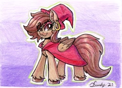 Size: 1200x862 | Tagged: safe, artist:dandy, oc, oc only, oc:hazelnut brew, species:pegasus, species:pony, g4, cape, clothing, colored, colored hooves, colored pencil drawing, colored sketch, ear fluff, ear piercing, earring, eye clipping through hair, eyebrows, eyebrows visible through hair, female, folded wings, hat, hooves, jewelry, looking at you, mare, piercing, sketch, smiling, solo, tail, traditional art, unshorn fetlocks, wings