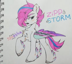 Size: 1024x910 | Tagged: safe, artist:spoosha, character:zipp storm, species:pegasus, species:pony, g5, alternate hairstyle, cheek fluff, chest fluff, colored hooves, colored wings, feathered fetlocks, female, hooves, ink drawing, looking at you, mare, multicolored wings, raised hoof, sketchbook, solo, text, traditional art, unshorn fetlocks, wings