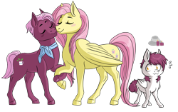 Size: 2802x1763 | Tagged: dead source, safe, artist:songbirddeige, character:fluttershy, character:jasmine leaf, oc, oc:snowberry, parent:fluttershy, parent:jasmine leaf, species:earth pony, species:pegasus, species:pony, ship:jasmineshy, g4, colt, crack shipping, eyes closed, female, lesbian, magical lesbian spawn, male, mare, nuzzling, offspring, shipping, simple background, transparent background, trio