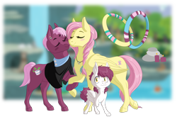 Size: 5014x3314 | Tagged: safe, artist:songbirddeige, character:fluttershy, character:jasmine leaf, oc, oc:snowberry, parent:fluttershy, parent:jasmine leaf, species:earth pony, species:pegasus, species:pony, ship:jasmineshy, g4, amputee, blush sticker, blushing, braid, braided pigtails, colt, crack shipping, cutie mark, female, lesbian, magical lesbian spawn, male, mare, missing limb, nuzzling, offspring, shipping, stump, transparent background, trio