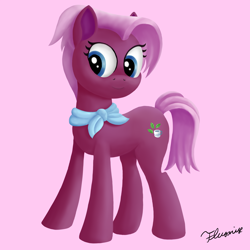 Size: 2000x2000 | Tagged: safe, artist:flusanix, character:jasmine leaf, species:earth pony, species:pony, g4, ascot, cutie mark, female, mare, pink background, simple background, solo