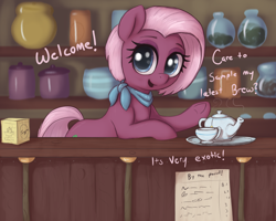 Size: 2500x2000 | Tagged: safe, alternate version, artist:t72b, derpibooru original, character:jasmine leaf, species:earth pony, species:pony, g4, ascot, bipedal, bipedal leaning, counter, cup, cute, dialogue, drink, explicit source, female, jasminebetes, leaning, looking at you, mare, open mouth, solo, talking to viewer, tea, tea set, tea shop, teacup, teapot, text, underhoof