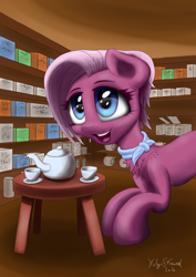 Size: 2480x3508 | Tagged: safe, artist:itchystomach, derpibooru original, character:jasmine leaf, species:earth pony, species:pony, g4, ascot, cup, drink, female, looking at you, mare, open mouth, smiling, solo, tea, tea set, tea shop, teacup, teapot