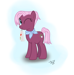 Size: 1056x1080 | Tagged: safe, artist:alexcooler, character:jasmine leaf, species:earth pony, species:pony, g4, ascot, cute, cutie mark, female, holding, jasminebetes, mare, mouth hold, one eye closed, shopping bags, simple background, solo, tail, white background, wink