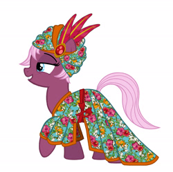 Size: 2040x2031 | Tagged: safe, artist:mylittlepastafarian, character:jasmine leaf, species:earth pony, species:pony, g4, belt, clothing, dress, female, grin, hooves, kaftan, makeover, mare, one hoof raised, raised hoof, simple background, smiling, solo, tail, turban, white background