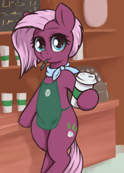 Size: 2150x3000 | Tagged: safe, alternate version, artist:t72b, derpibooru original, character:jasmine leaf, species:earth pony, species:pony, g4, apron, ascot, bipedal, bipedal leaning, clothing, coffee cup, cutie mark, female, holding, hoof hold, leaning, looking at you, mare, mouth hold, sharpie, smiling, smiling at you, solo, starbucks