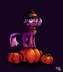 Size: 3500x4000 | Tagged: safe, artist:amy-gamy, character:jasmine leaf, species:earth pony, species:pony, g4, black background, clothing, cutie mark, dark background, female, floppy ears, food, halloween, hat, holiday, looking at you, mare, pumpkin, simple background, solo, tail, witch hat