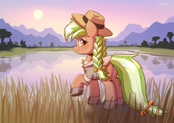 Size: 3508x2480 | Tagged: safe, artist:dandy, oc, oc only, oc:sylvia evergreen, species:pegasus, species:pony, g4, beautiful, blushing, boots, braid, braided pigtails, clothing, cute, female, folded wings, freckles, grass, hat, hooves, lake, looking at you, looking back, looking back at you, mare, mountain, mountain range, ocbetes, one hoof raised, park ranger, raised hoof, scenery, shirt, shoes, sky, smiling, solo, sun, sunset, water, wings