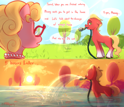 Size: 3000x2600 | Tagged: safe, artist:bubblepurity, character:phyllis cloverleaf, character:sprout, species:earth pony, species:pony, g5, my little pony: a new generation, blonde, cloud, comic, dialogue, duo, ear down, female, fish, flood, grammar error, grass, green eyes, high res, holding, hose, male, mare, mother, mother and child, mother and son, mouth hold, parent and child, profile, signature, sky, son, speech bubble, stallion, sun, sunset, text, tree, watering, watermark