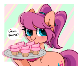 Size: 5019x4288 | Tagged: safe, artist:kittyrosie, character:sunny starscout, species:earth pony, species:pony, g5, my little pony: a new generation, abstract background, absurd resolution, alternate hairstyle, blushing, colored hooves, cupcake, cute, dialogue, female, food, happy, heart, heart eyes, holding, hooves, looking at you, mare, pigtails, ponytail, signature, simple background, smiling, smiling at you, solo, speech bubble, sunnybetes, text, three quarter view, twintails, unshorn fetlocks, wingding eyes