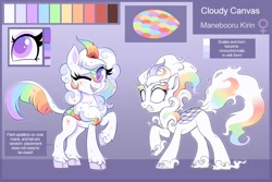Size: 1080x720 | Tagged: safe, artist:confetticakez, oc, oc:cloudy canvas, species:kirin, manebooru, g4, angry, fire, multicolored hair, nirik, rainbow fire, rainbow hair, reference sheet, smiling, winking at you