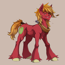 Size: 3333x3333 | Tagged: safe, artist:lambibelle, character:big mcintosh, species:earth pony, species:pony, g4, apple family member, chest fluff, chin fluff, colored eyebrows, colored hooves, ear fluff, eyebrows, eyebrows visible through hair, heart, high res, hooves, leg fluff, male, redraw, simple background, smiling, smirk, solo, stallion, straw in mouth, three quarter view, unshorn fetlocks