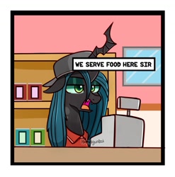Size: 1500x1516 | Tagged: safe, artist:handgunboi, character:queen chrysalis, species:changeling, g4, annoyed, can, cap, cash register, cashier, changeling queen, clothing, crossover, dialogue, employee, female, hat, open mouth, pickles, reference, shelf, solo, spongebob squarepants, squidward tentacles, text box, window