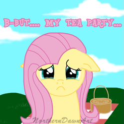 Size: 769x771 | Tagged: safe, artist:kaifloof, character:fluttershy, species:pegasus, species:pony, ponytober, g4, crying, dialogue, droopy ears, picnic, picnic basket, picnic blanket, sad, simple background, solo, tears, text