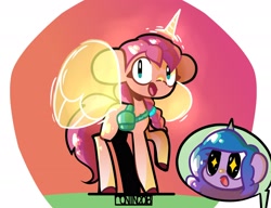 Size: 2600x2000 | Tagged: safe, artist:ronin20181, character:izzy moonbow, character:sunny starscout, species:alicorn, species:earth pony, species:pony, species:unicorn, g5, my little pony: a new generation, abstract background, alicornified, artificial horn, artificial wings, augmented, bag, colored hooves, female, gasp, gradient mane, hooves, magic horn, magic wings, mare, multicolored hair, open mouth, race swap, raised hoof, satchel, signature, starry eyes, sunnycorn, wings