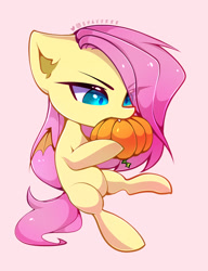 Size: 797x1040 | Tagged: safe, artist:tatar.sauce, character:flutterbat, character:fluttershy, species:bat pony, g4, determined, food, pumpkin, simple background, solo