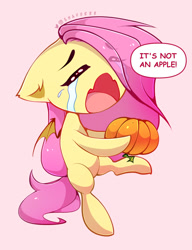 Size: 797x1040 | Tagged: safe, artist:tatar.sauce, character:flutterbat, character:fluttershy, species:bat pony, g4, adorable distress, crying, dialogue, eyes closed, food, pumpkin, simple background, solo, tears