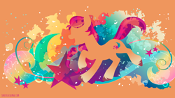Size: 3840x2160 | Tagged: safe, artist:spacekitty, character:sunny starscout, species:earth pony, species:pony, g5, license:cc-by-nc-nd, abstract background, cutie mark, digital art, female, mare, open mouth, orange background, silhouette, simple background, smiling, solo, vector