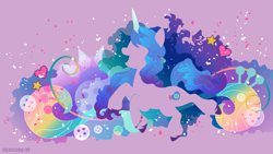 Size: 3840x2160 | Tagged: safe, artist:spacekitty, character:izzy moonbow, species:pony, species:unicorn, g5, license:cc-by-nc-nd, abstract background, cutie mark, digital art, female, gradient mane, mare, multicolored hair, open mouth, orange background, silhouette, simple background, smiling, solo, vector