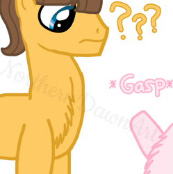 Size: 769x771 | Tagged: safe, artist:kaifloof, character:caramel, oc, oc:fluffle puff, species:pony, ponytober, g4, chest fluff, confused, dialogue, excited, fluffy, gasp, male, nonbinary, simple background, stallion, text, white background