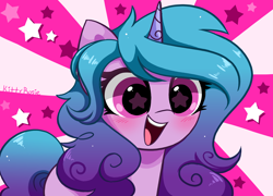 Size: 6800x4900 | Tagged: safe, artist:kittyrosie, character:izzy moonbow, species:pony, species:unicorn, g5, my little pony: a new generation, abstract background, absurd resolution, blushing, cute, female, gradient hair, happy, high res, izzybetes, kittyrosie is trying to murder us, mare, multicolored hair, open mouth, open smile, smiling, solo, starry eyes, stars, wingding eyes