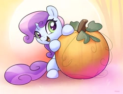 Size: 2000x1539 | Tagged: safe, artist:nookprint, character:sweetie belle, species:pony, species:unicorn, g4, cute, diasweetes, female, filly, food, horn, open mouth, pumpkin, simple background, smiling, solo, tail, young