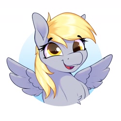Size: 1800x1800 | Tagged: safe, artist:aquaticvibes, character:derpy hooves, species:pegasus, species:pony, g4, bust, female, mare, open mouth, portrait, simple background, smiling, solo, spread wings, white background, wings