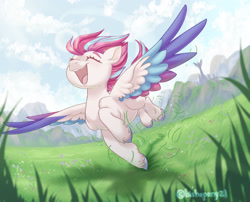Size: 1920x1551 | Tagged: safe, artist:bishopony, artist:guzzlord, character:zipp storm, species:pegasus, species:pony, g5, my little pony: a new generation, adorazipp, city, cityscape, colored hooves, colored wings, cute, eyes closed, female, field, flying, grass, happy, hooves, mare, mountain, mountain range, multicolored wings, open mouth, shadow, signature, solo, spread wings, unshorn fetlocks, windswept mane, wings, zephyr heights