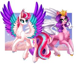 Size: 6268x5281 | Tagged: safe, artist:darkjillmlp123, character:pipp petals, character:zipp storm, species:pegasus, species:pony, g5, absurd resolution, circlet, cloud, coat markings, colored hooves, colored pupils, colored wings, feathered fetlocks, female, hooves, jewelry, mare, multicolored wings, pipp wings, simple background, socks (coat marking), tiara, transparent background, unshorn fetlocks, wings