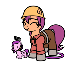 Size: 582x507 | Tagged: safe, artist:cutelewds, artist:neuro, character:pipp petals, character:sunny starscout, species:earth pony, species:pegasus, species:pony, g5, my little pony: a new generation, adorapipp, clothing, crossover, cute, duo, duo female, engineer, eyes closed, female, gun, handgun, hard hat, hat, mare, overalls, pipp is small, pipp wings, pistol, simple background, smol, sunnybetes, team fortress 2, transparent background, video game, weapon
