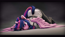 Size: 9600x5400 | Tagged: safe, artist:imafutureguitarhero, character:twilight sparkle, character:twilight sparkle (alicorn), species:alicorn, species:anthro, species:pony, species:unguligrade anthro, g4, 3d, bondage, clothing, crouching, ear fluff, ear piercing, earring, explicit source, face down ass up, female, freckles, frustrated, glasses, grimdark source, hair bun, horn, jacko challenge, jewelry, mare, meme, pants, piercing, solo, source filmmaker, spread wings, straitjacket, tail, tongue out, unsexy bondage, wings